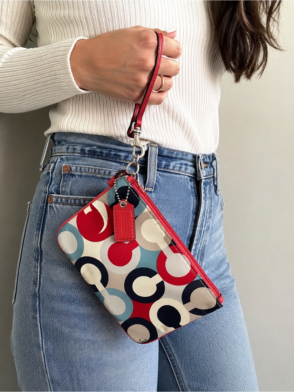 Coach Red, Blue & Cream Circle-Print Wristlet